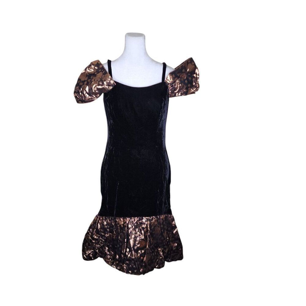 Vintage 80s Puff Sleeve Velvet Party Dress Womens Size XS Black Gold